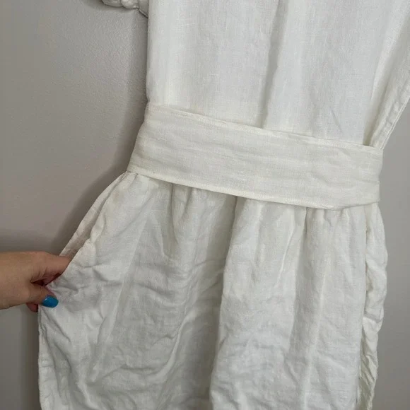 Simply Grey White‎ Linen Blend Dress Belted Pockets Casual Summer Womens XS